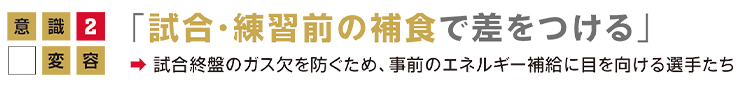 意識変容2「 試合・練習前の補食で差をつける」試合終盤のガス欠を防ぐため、事前のエネルギー補給に目を向ける選手たちの画像