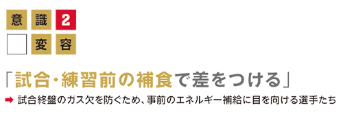 意識変容2「 試合・練習前の補食で差をつける」試合終盤のガス欠を防ぐため、事前のエネルギー補給に目を向ける選手たちの画像