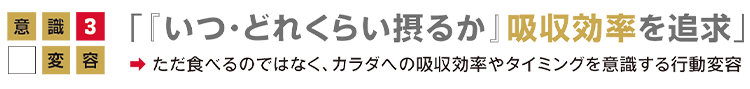 意識変容3「『 いつ・どれくらい摂るか』吸収効率を追求」ただ食べるのではなく、カラダへの吸収効率やタイミングを意識する行動変容の画像