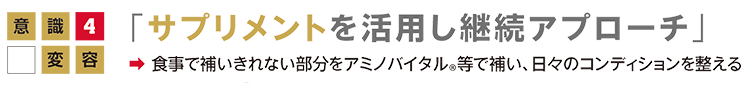 意識変容4「 サプリメントを活用し継続アプローチ」食事で補いきれない部分をアミノバイタル®等で補い、日々のコンディションを整えるの画像