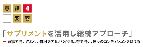 意識変容4「 サプリメントを活用し継続アプローチ」食事で補いきれない部分をアミノバイタル®等で補い、日々のコンディションを整えるの画像